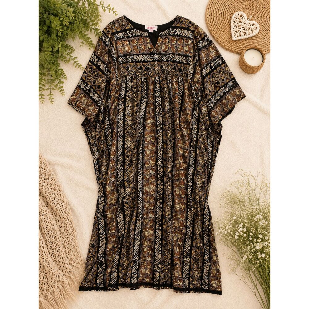 Sit One Size 100% Cotton Boho Caftan Dress Brown Black Tribal Made in Nepal